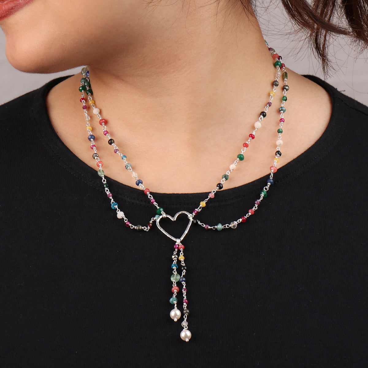 Heart Layered Necklace with Multicolour Stones (Project Handmade)