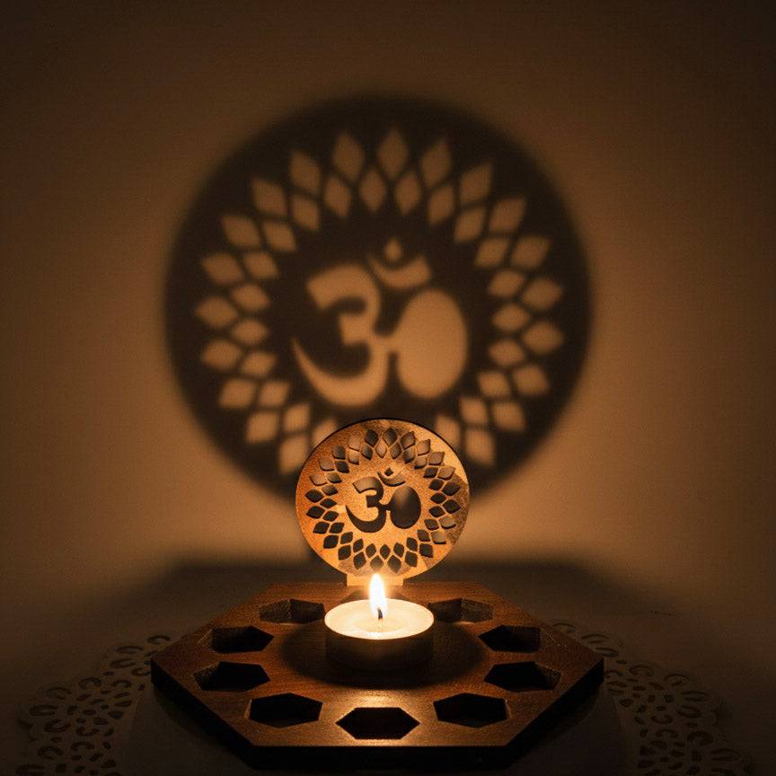 Silver Om Shadow Diya with handcrafted silver shadow lamp and decorative shadow cast