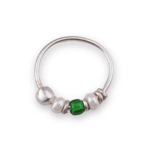 Silver Septum Cum Nose Ring with Green & White Bead (Pierced) in 92.5 sterling silver
