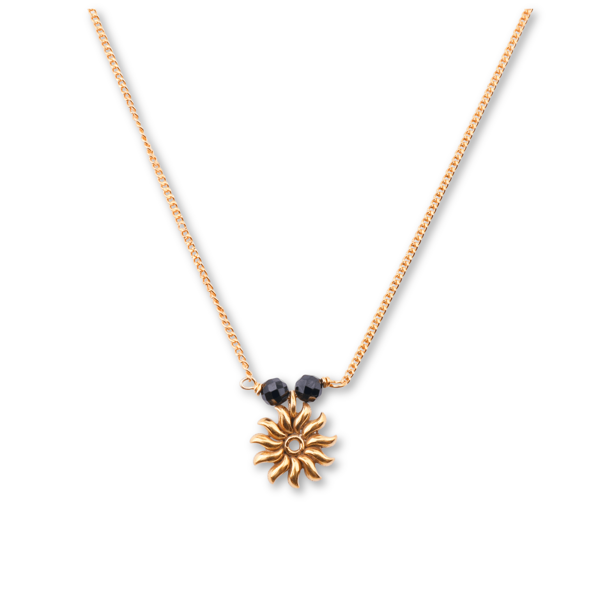 Gold chain with black beads and sun pendant