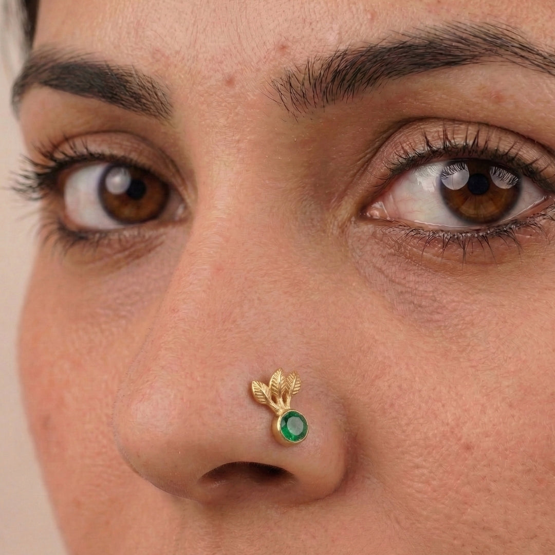 Green Petalfall Pierced Nose Pin | 22K Gold-Plated (Large)