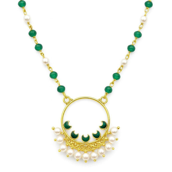 Gold plated Meena pendant necklace with pearls and green onyx, silver base, traditional jewelry