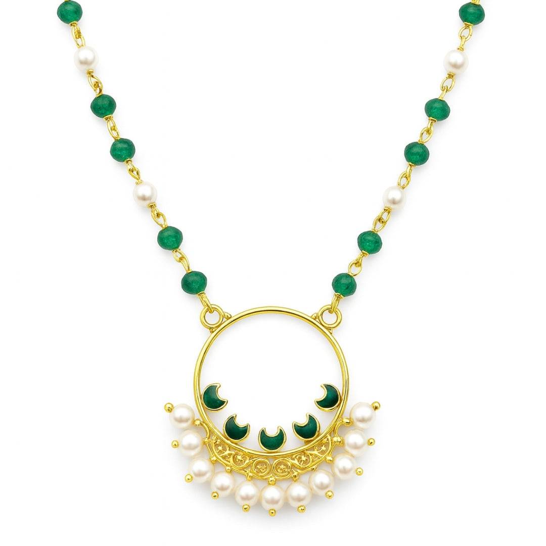 Gold plated Meena pendant necklace with pearls and green onyx, silver base, traditional jewelry