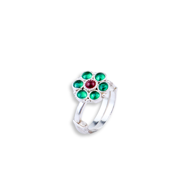 Bageecha Green Flower Ring | 92.5 Silver | Kempu stones