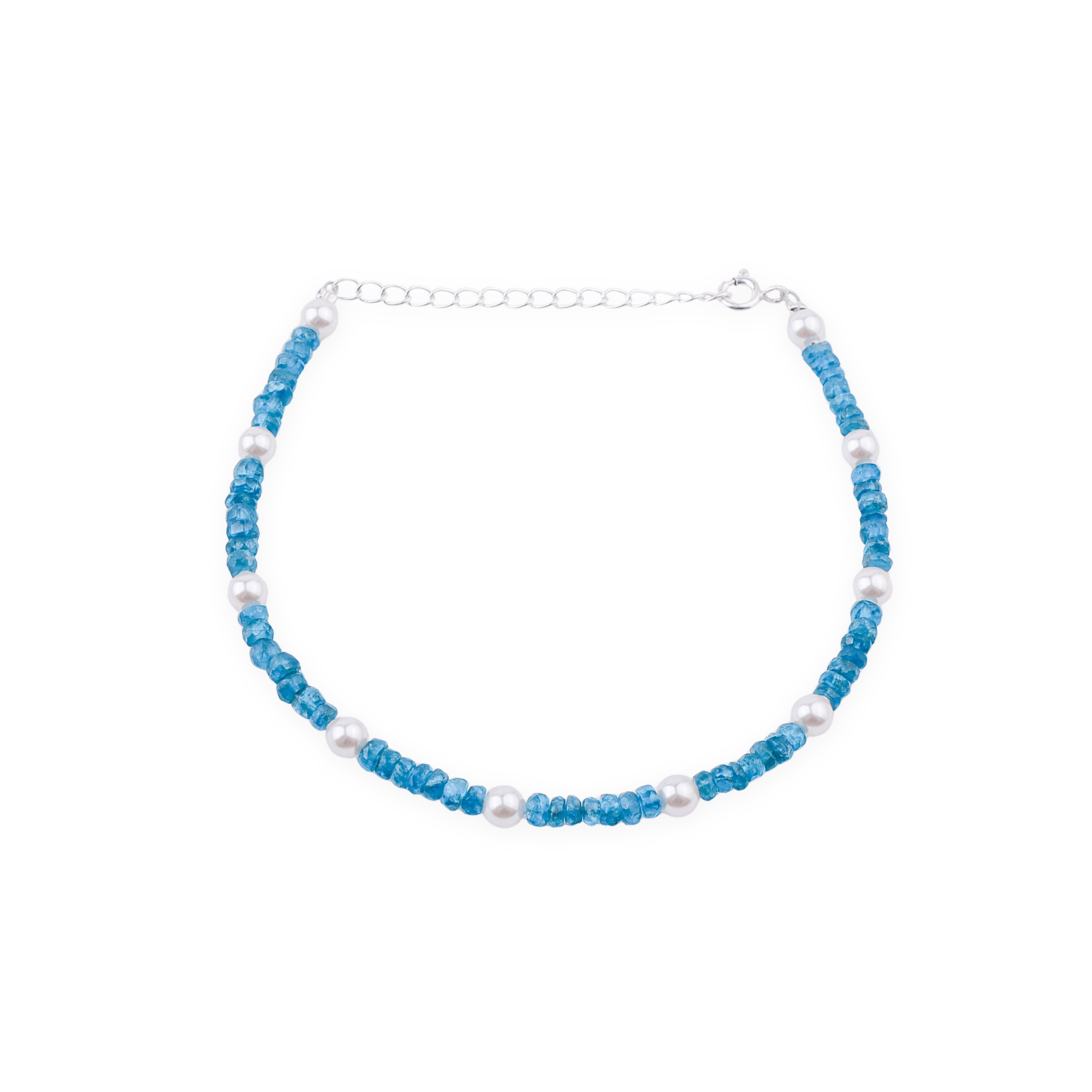 Blue beaded anklet with pearls and silver chain