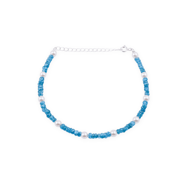 Blue beaded anklet with pearls and silver chain