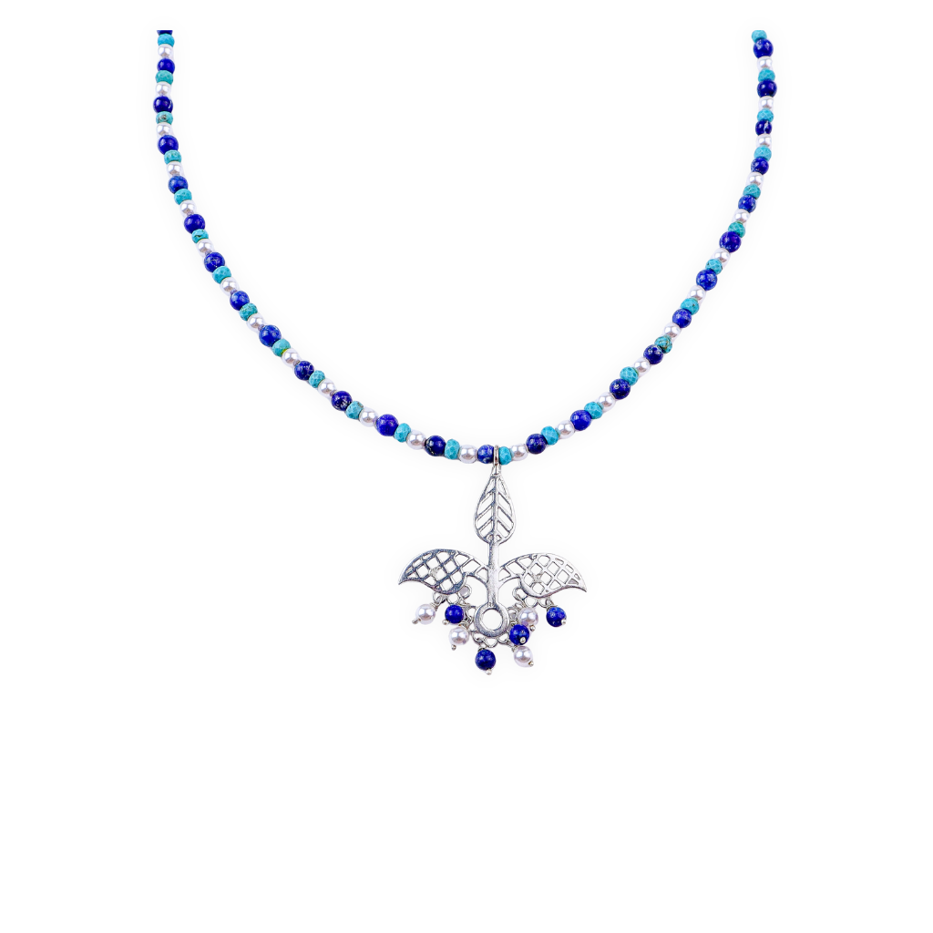 Leaf Filigree Pendant Necklace with Semiprecious Stones