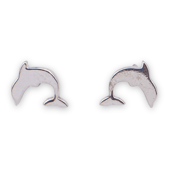 Silver dolphin stud earrings on white background