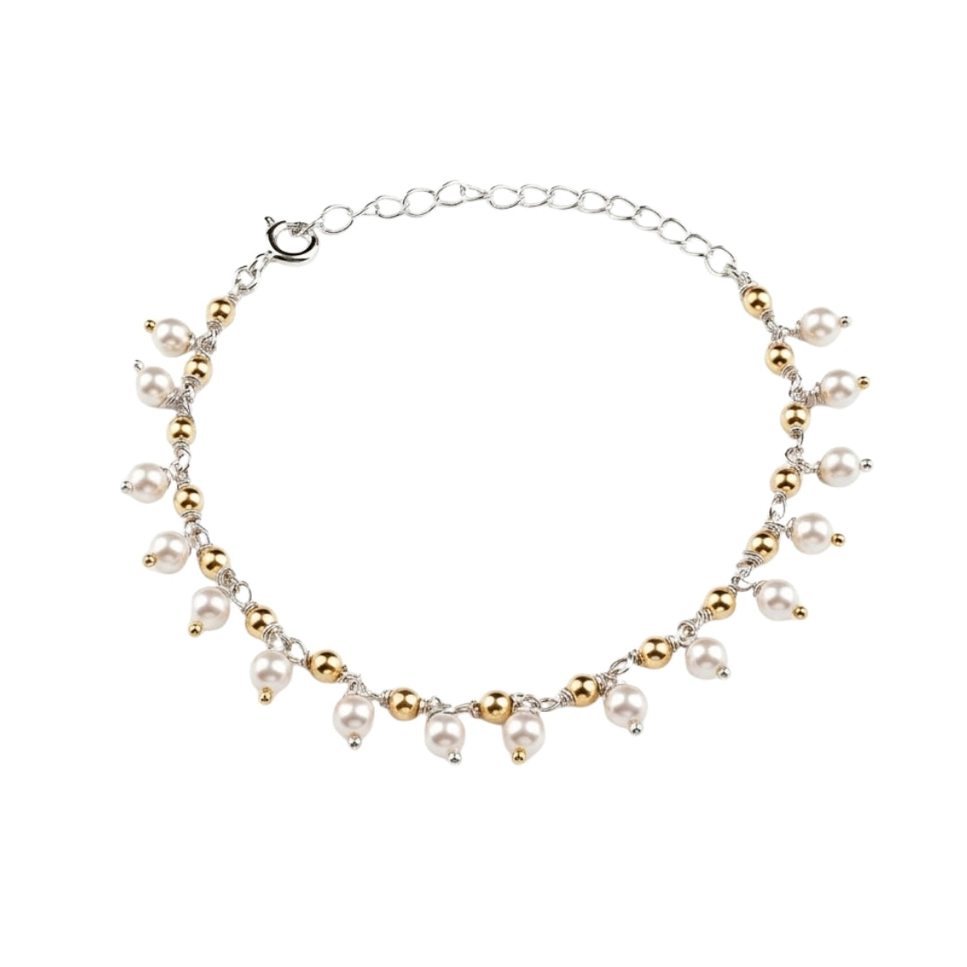 White & Golden Pearl Silver Bracelet (Project Handmade)