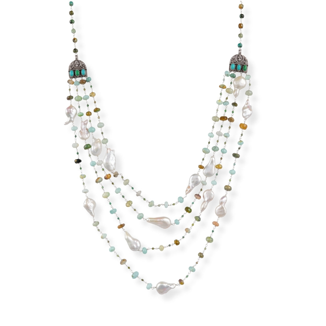 Luxe Necklace – Baroque Pearls, Blue Opal & Firoza