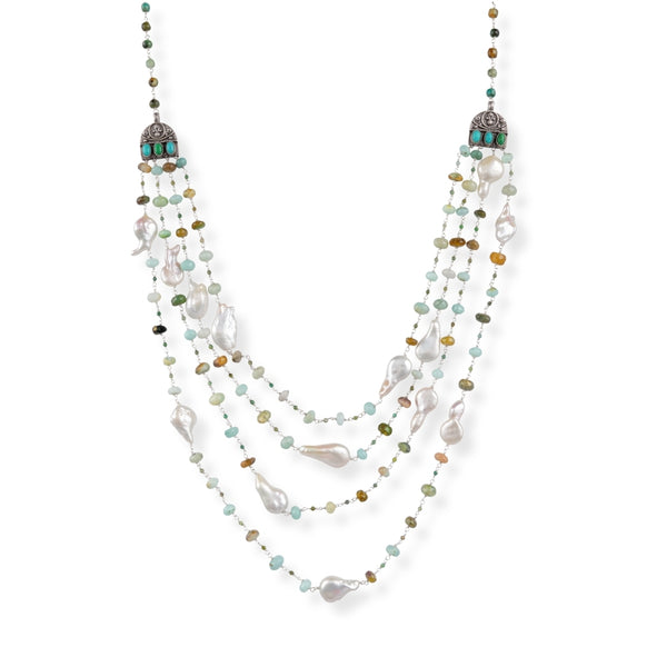 Luxe Necklace with Baroque Pearls, Blue Opal & Firoza in 92.5 sterling silver