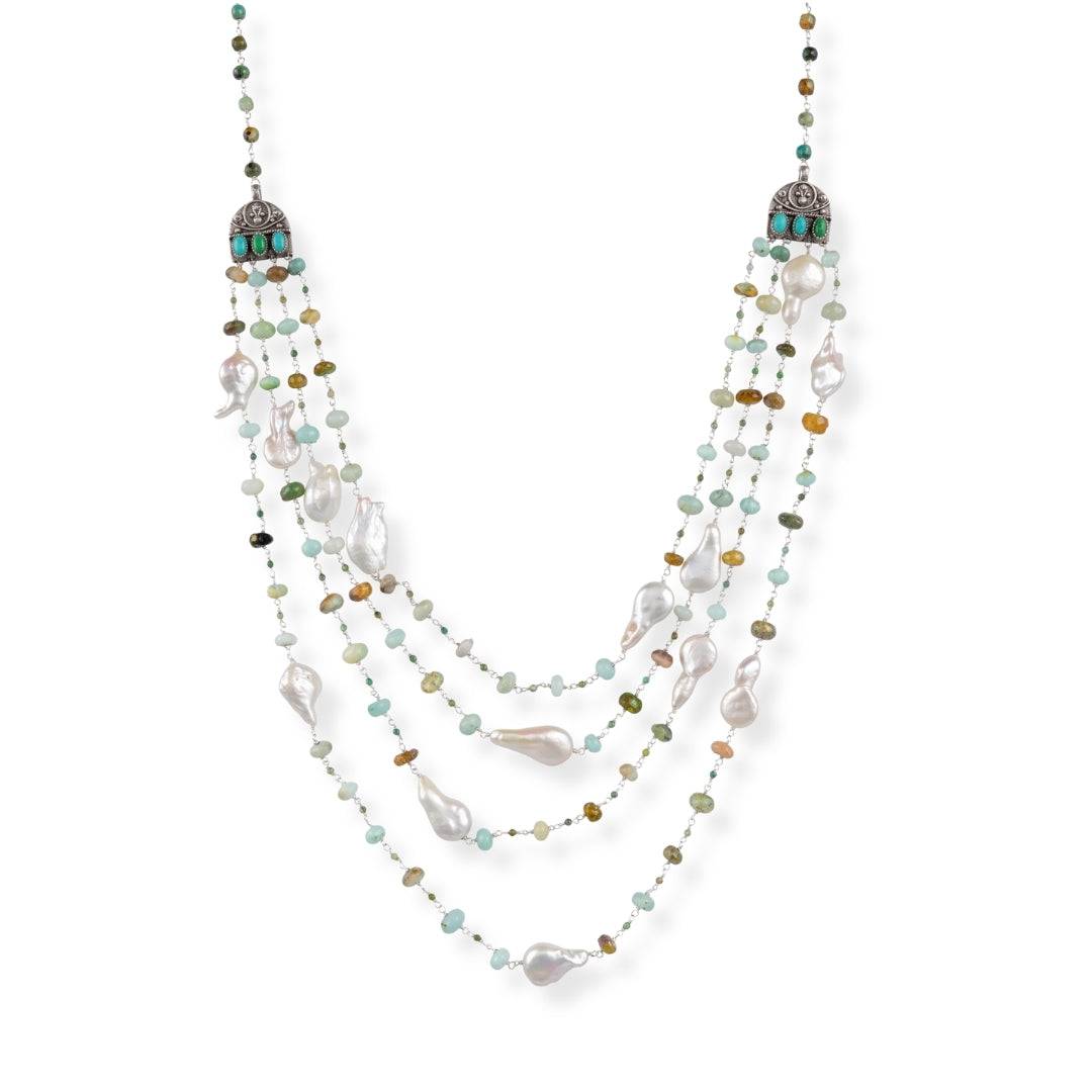 Luxe Necklace with Baroque Pearls, Blue Opal & Firoza in 92.5 sterling silver