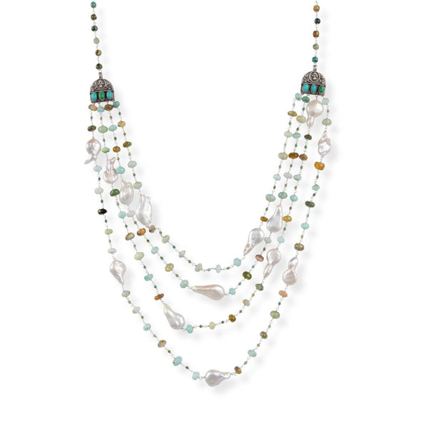 Luxe Necklace with Baroque Pearls, Blue Opal & Firoza in 92.5 sterling silver