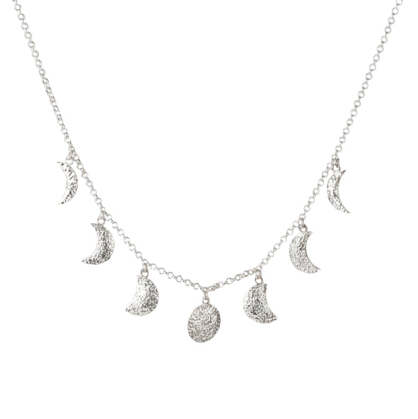 Front view of Silver Moon Phase Necklace in 92.5 sterling silver featuring crescent and full moon pendants