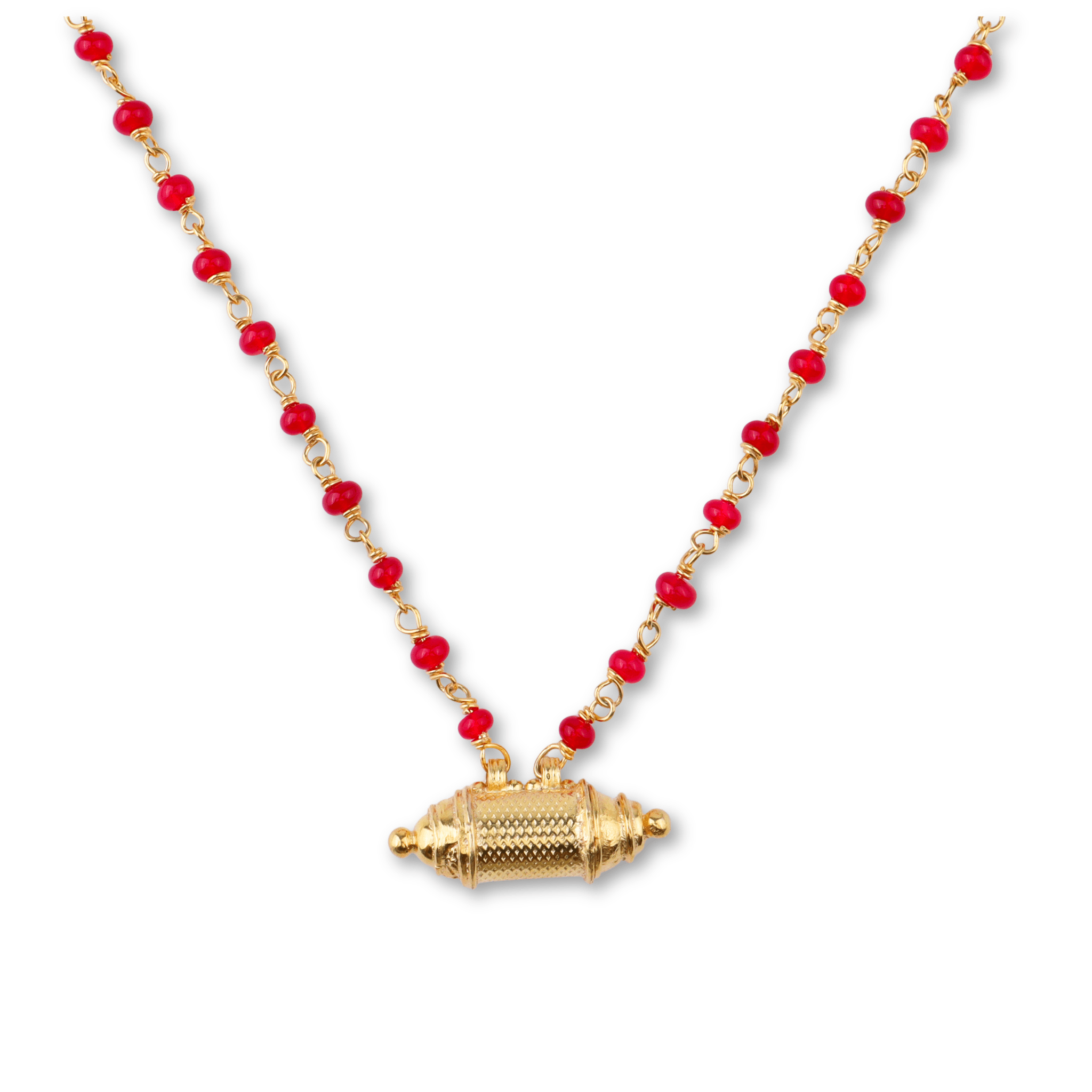 Gold necklace with red beads and intricate pendant