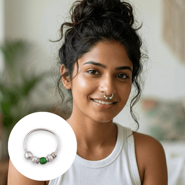 Silver Septum Cum Nose Ring with Green & White Bead (Pierced)