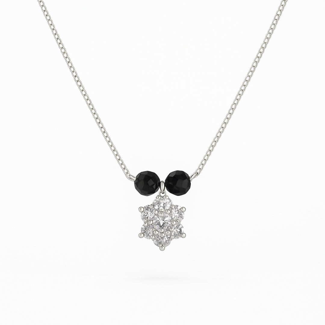 Silver floral pendant necklace with black beads and CZ stones