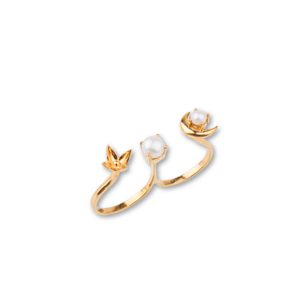 Gold crescent moon and pearl ring
