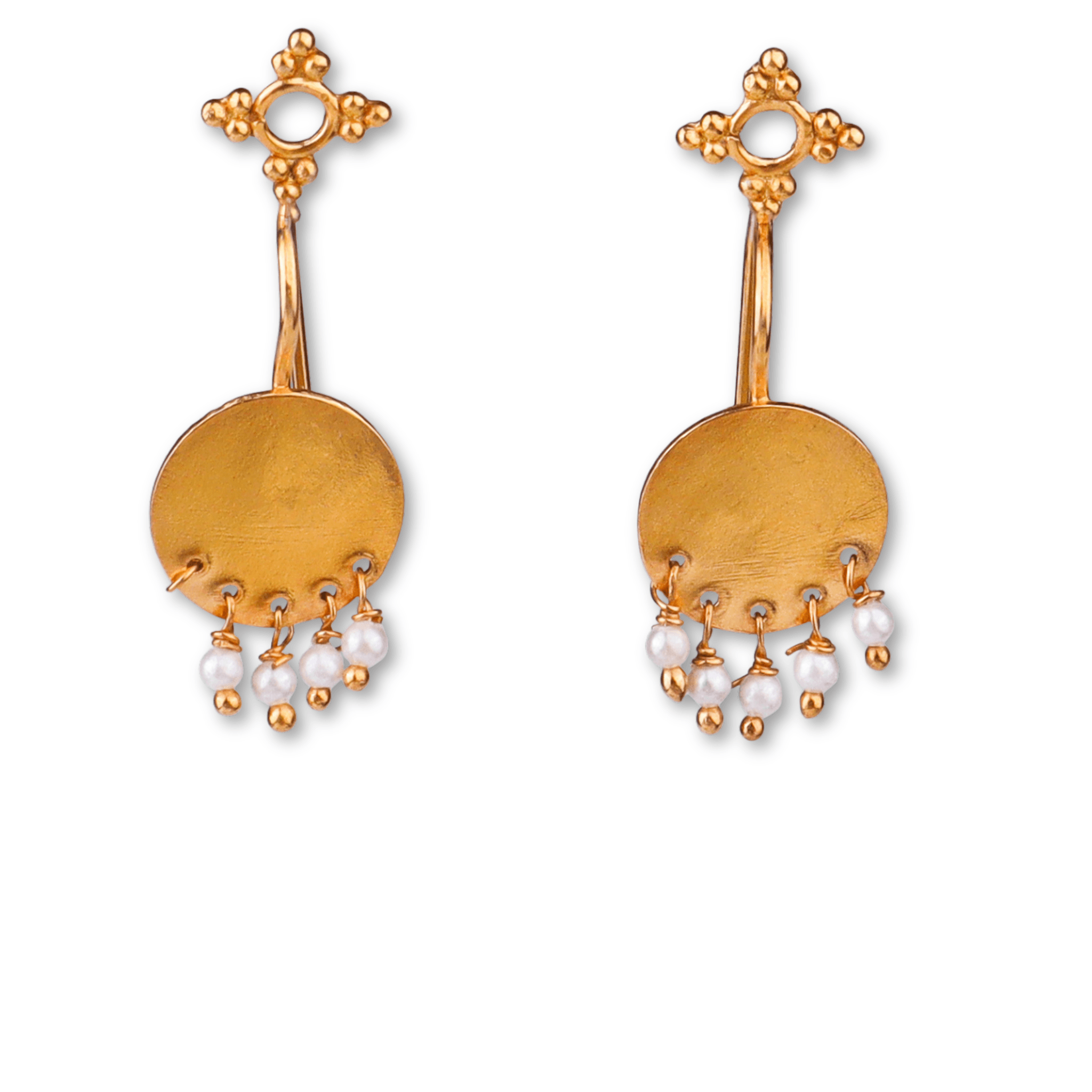 Gold earrings with circular pendant and pearl dangles