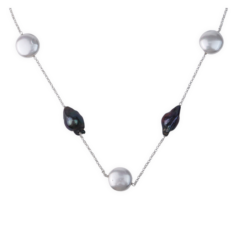 Pearl Line Necklace - Baroque Pearls & Coin Pearls