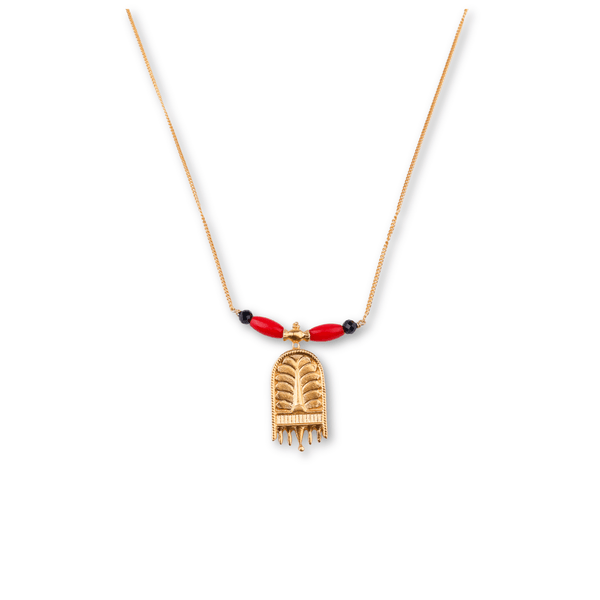 Gold-plated necklace with red and black beads and pendant