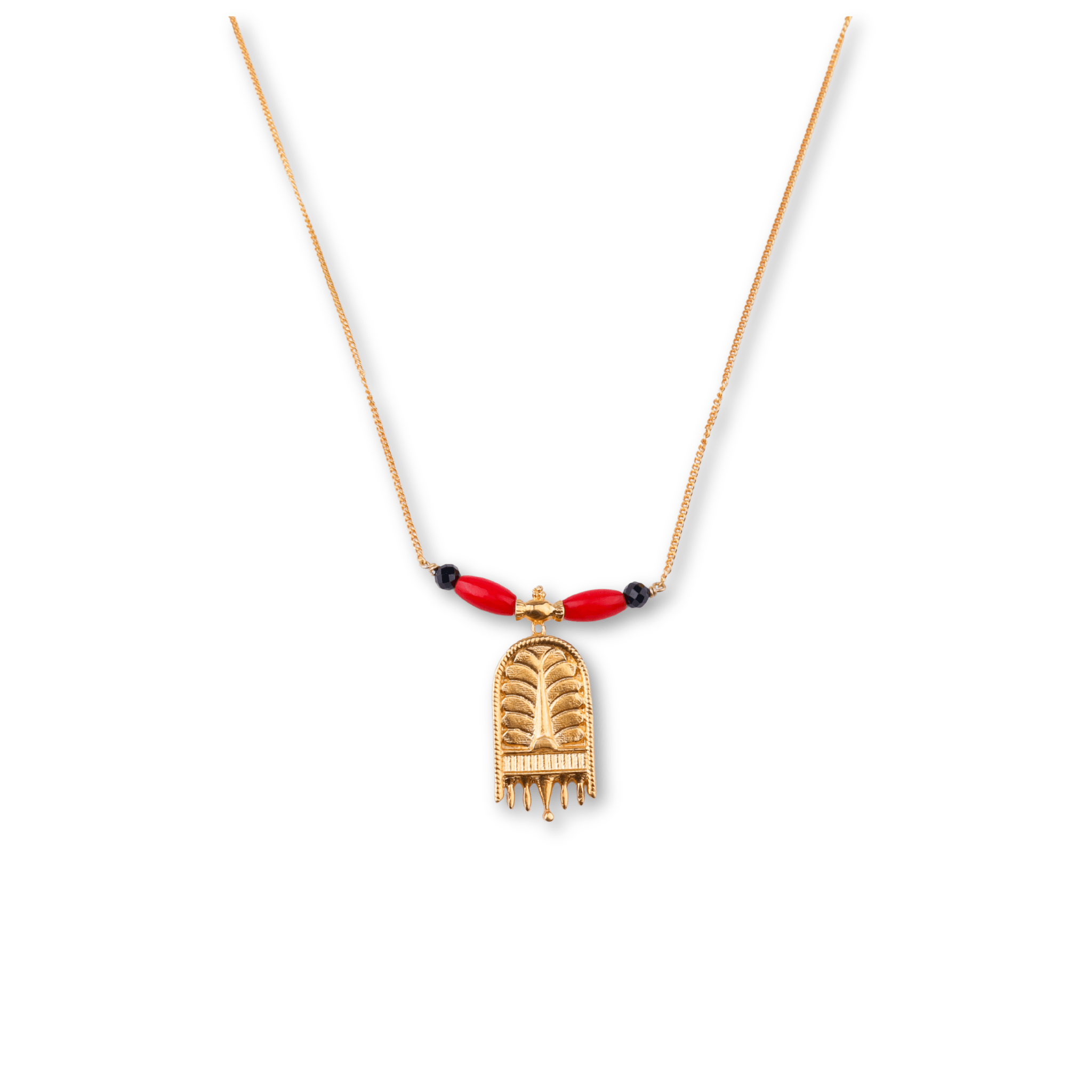 Gold-plated necklace with red and black beads and pendant