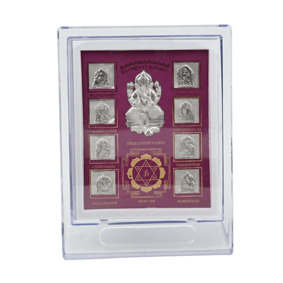 Sterling silver Ganesh Yantra frame with purple background