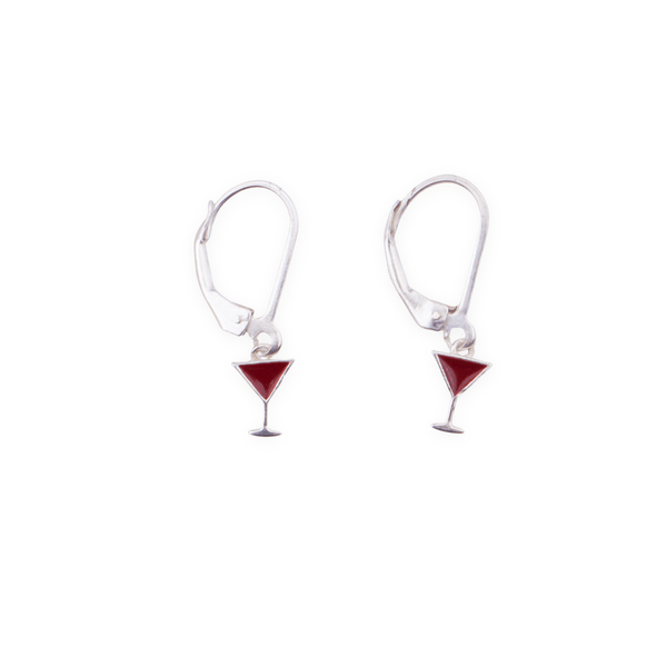 Silver enamel wine glass dangler earrings with red triangle accents