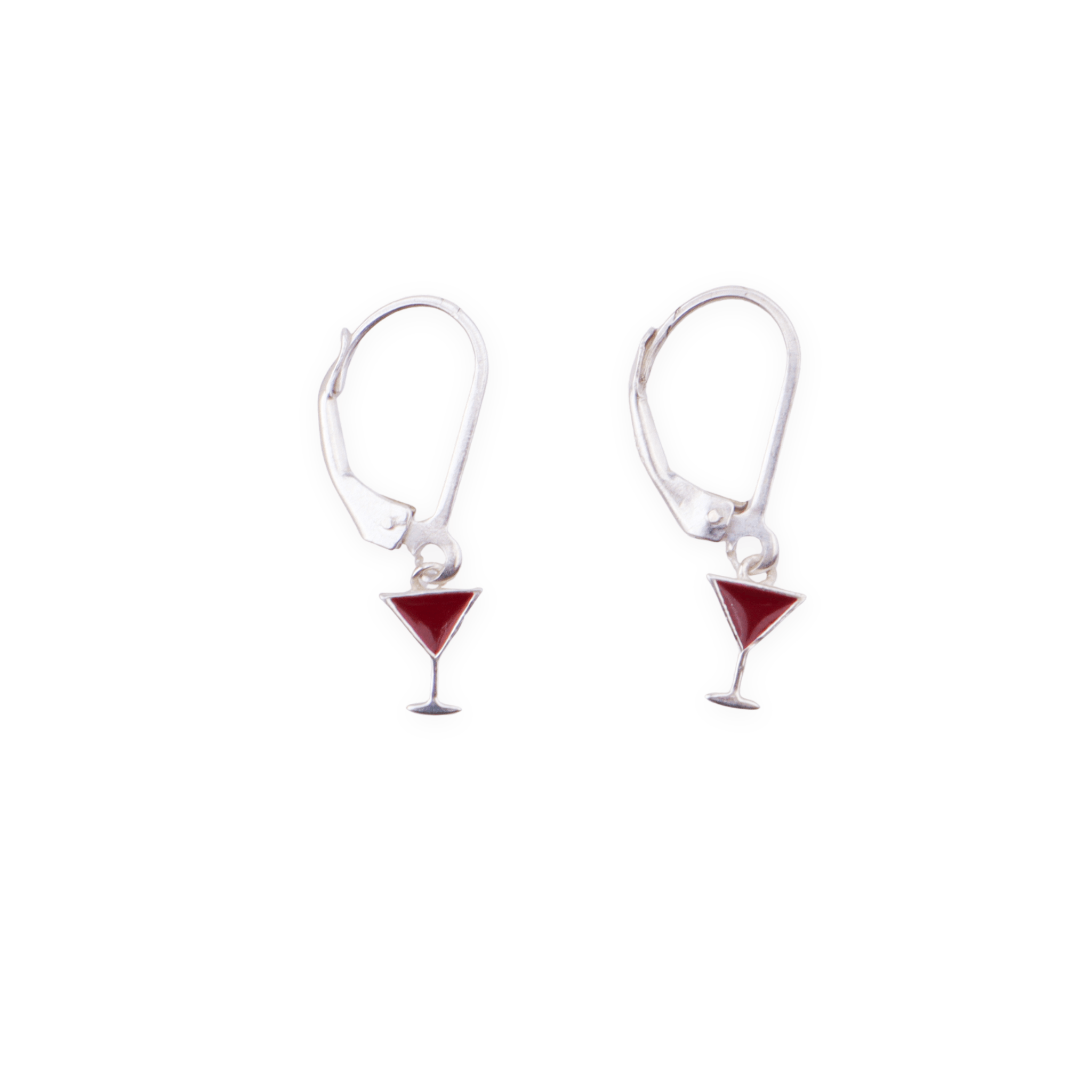 Silver enamel wine glass dangler earrings with red triangle accents
