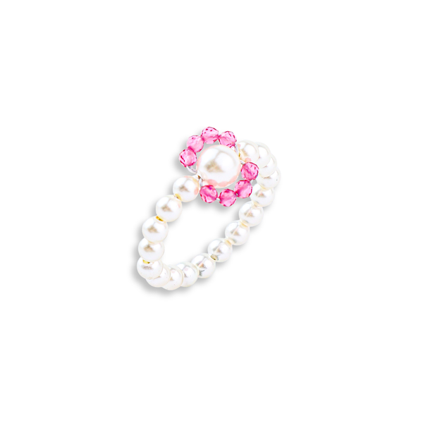 Silver Pearl Ring with Ruby Stones