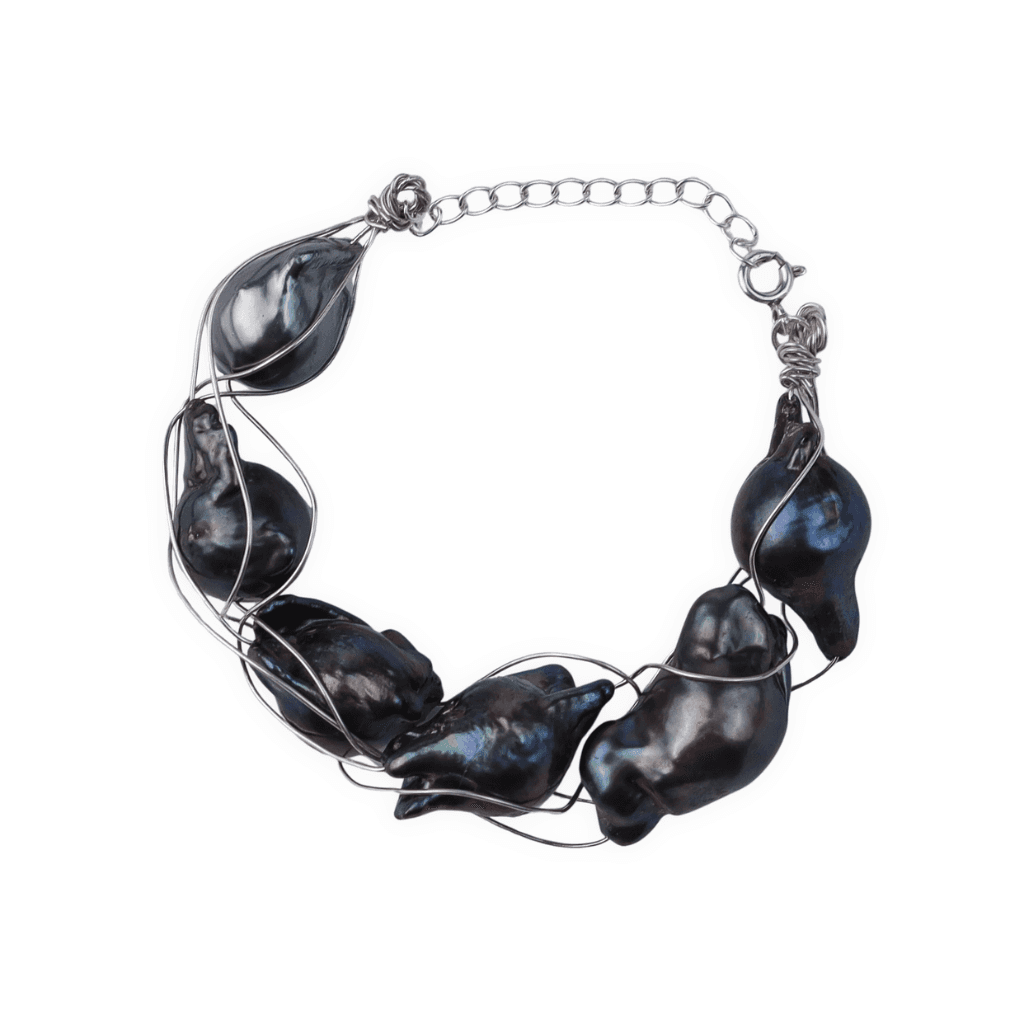 Black baroque pearl bracelet with silver wire wrapping, House of Aadyaa jewelry
