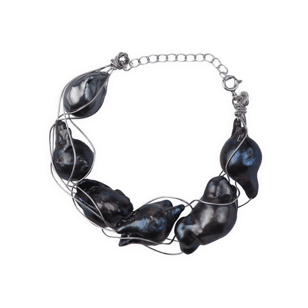 Black baroque pearl bracelet with silver wire wrapping, House of Aadyaa jewelry