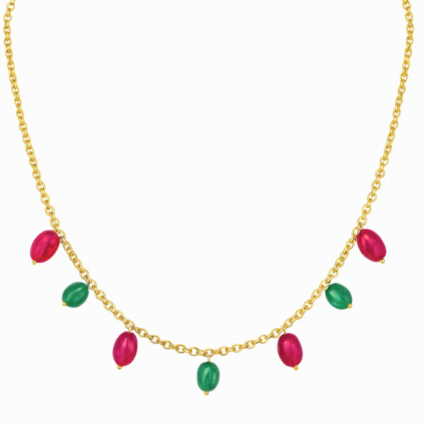 Gold chain with red and green gemstone beads for festive jewelry