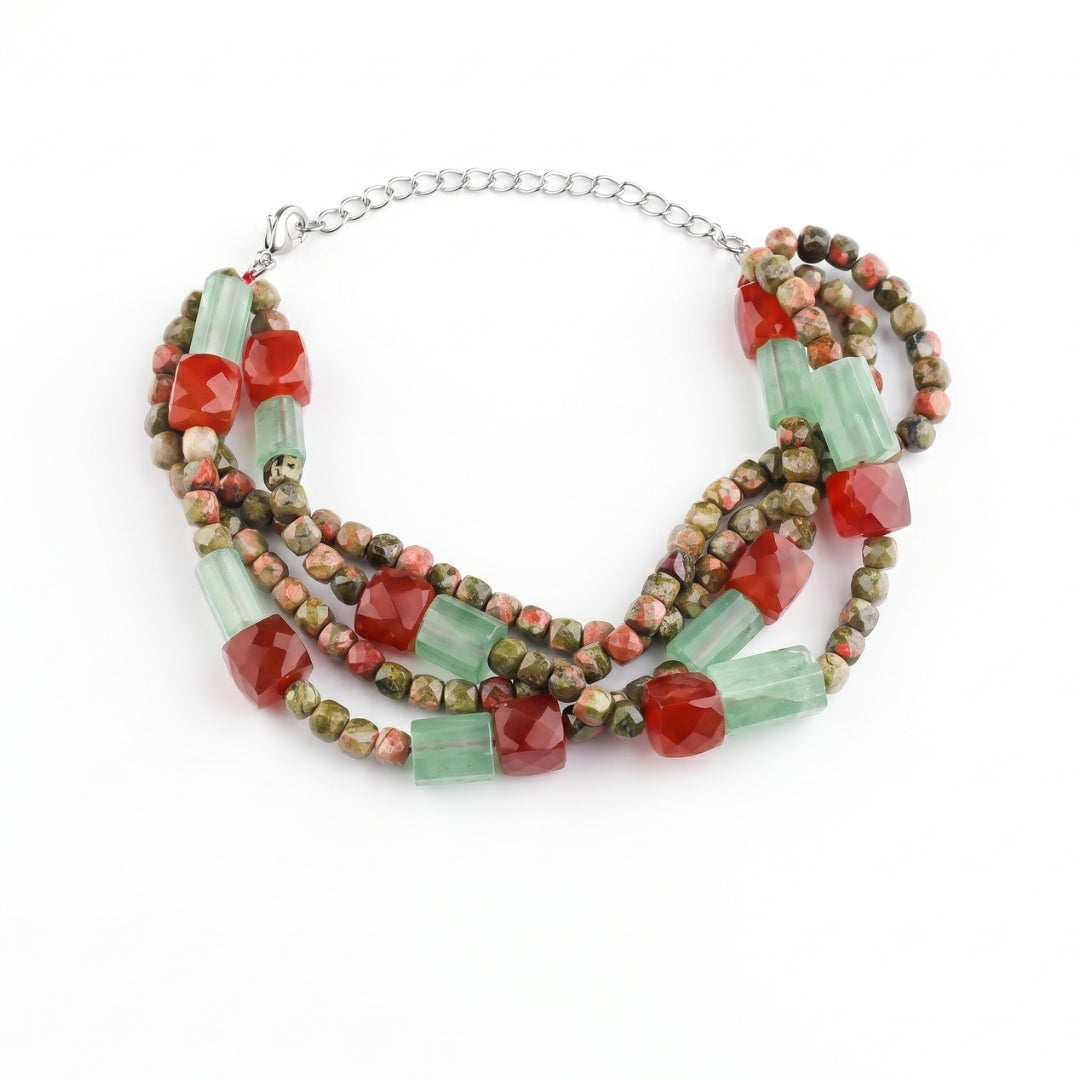 Unakite, Russian Quartz & Carnelian Silver Bracelet (Project Handmade)