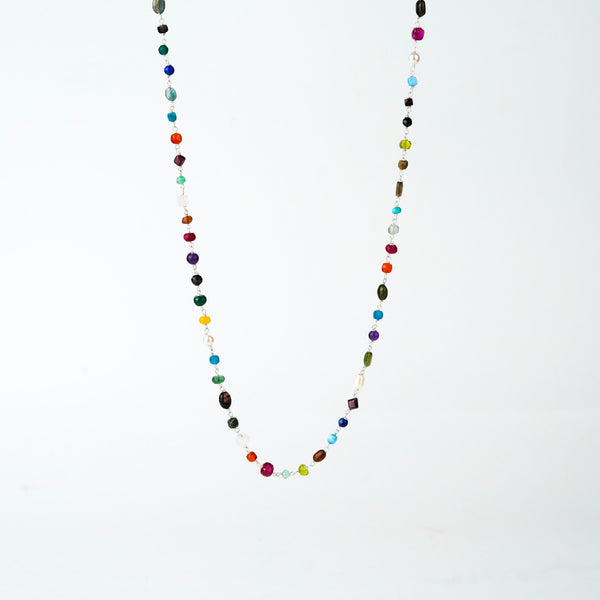 Detail shot of multicolour ganthan bead pattern in silver