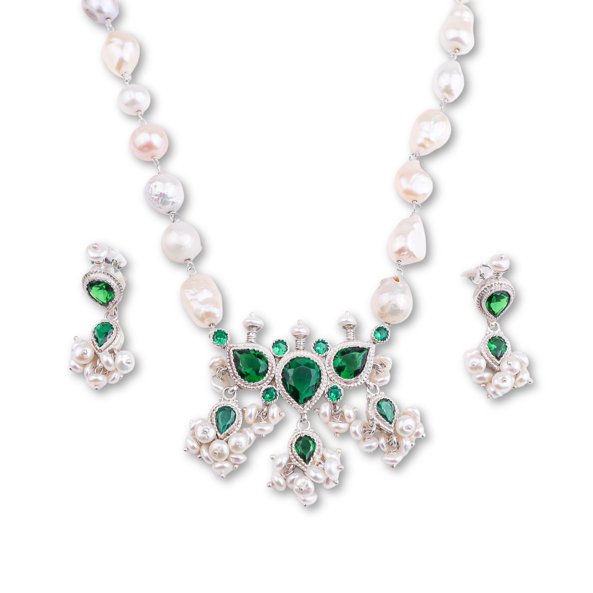 Silver Green CZ Tanmani Set with Freshwater Pearl Ganthan