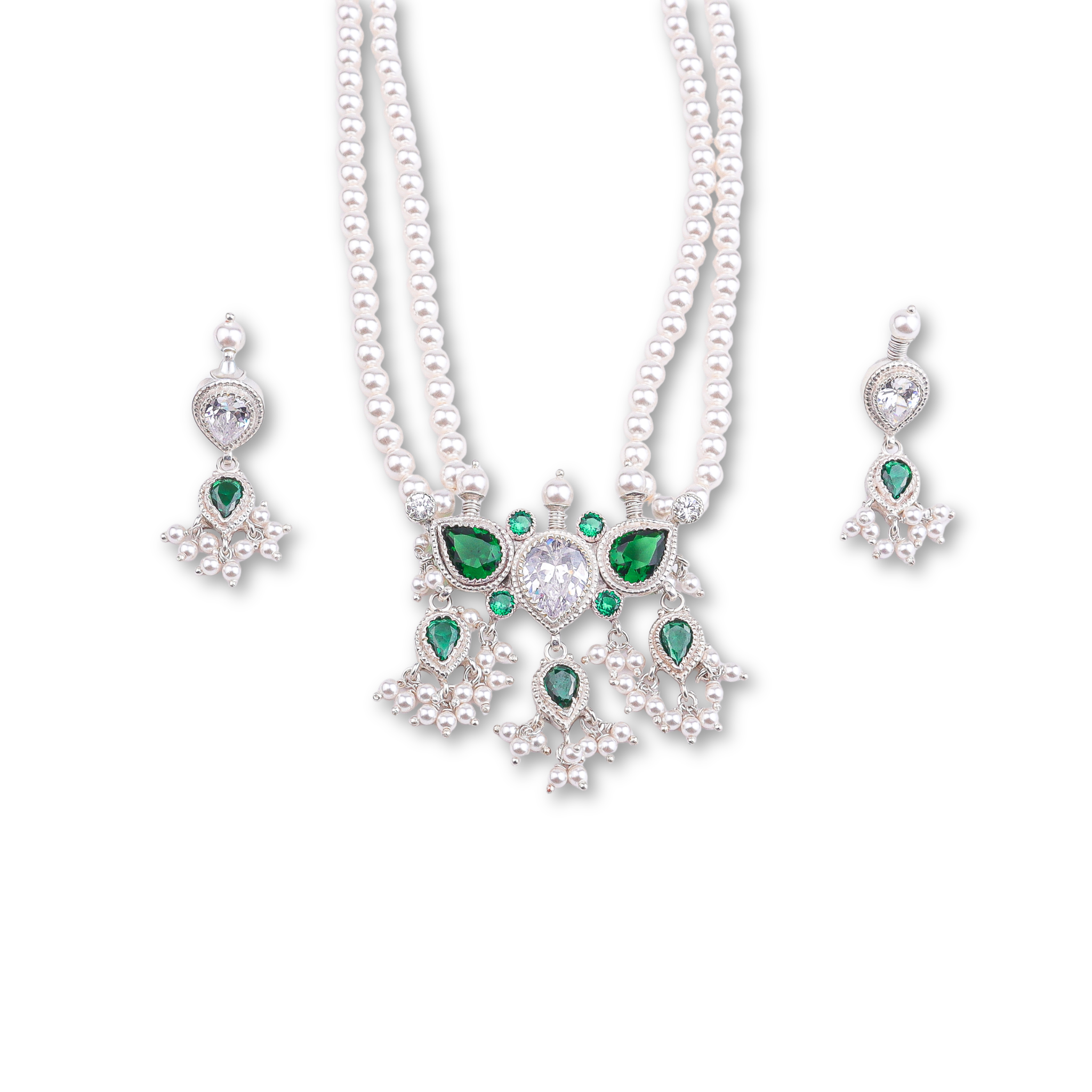 Silver Green & White CZ Tanmani Set with Pearls