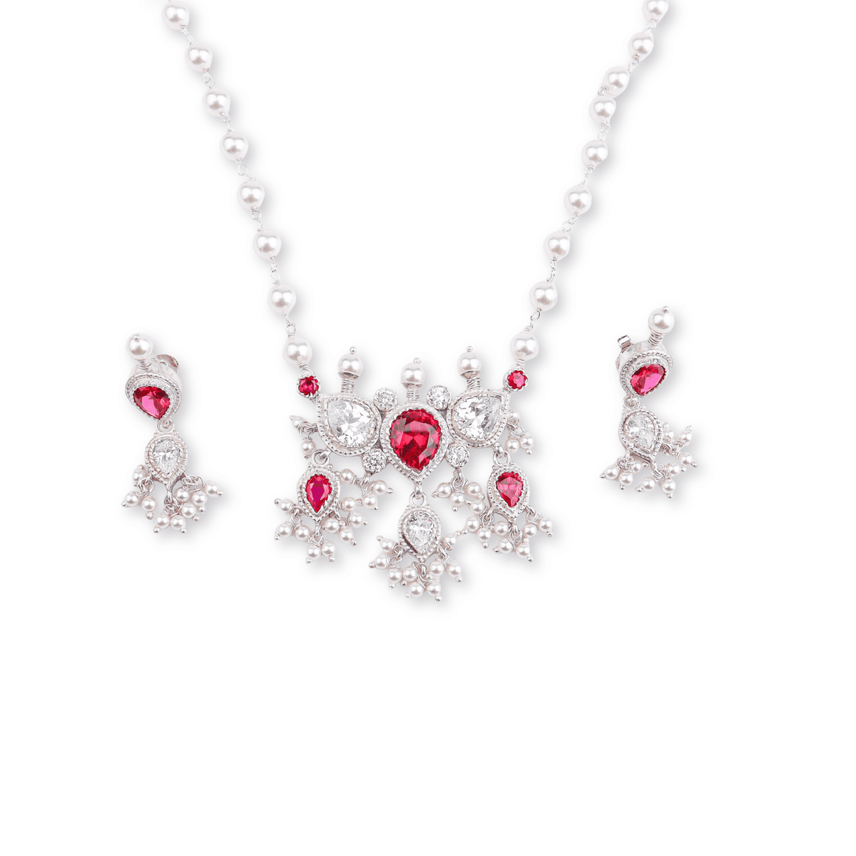 Silver Pink & White CZ Tanmani Set with Pearl Ganthan in 92.5 sterling silver