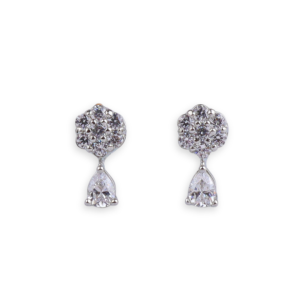 Silver CZ Flower Drop Stud Earrings