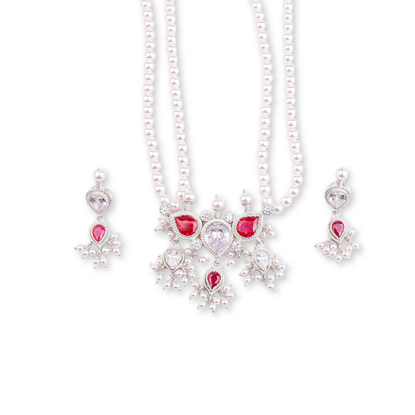 Silver Pink & White CZ Tanmani Set with Pearls
