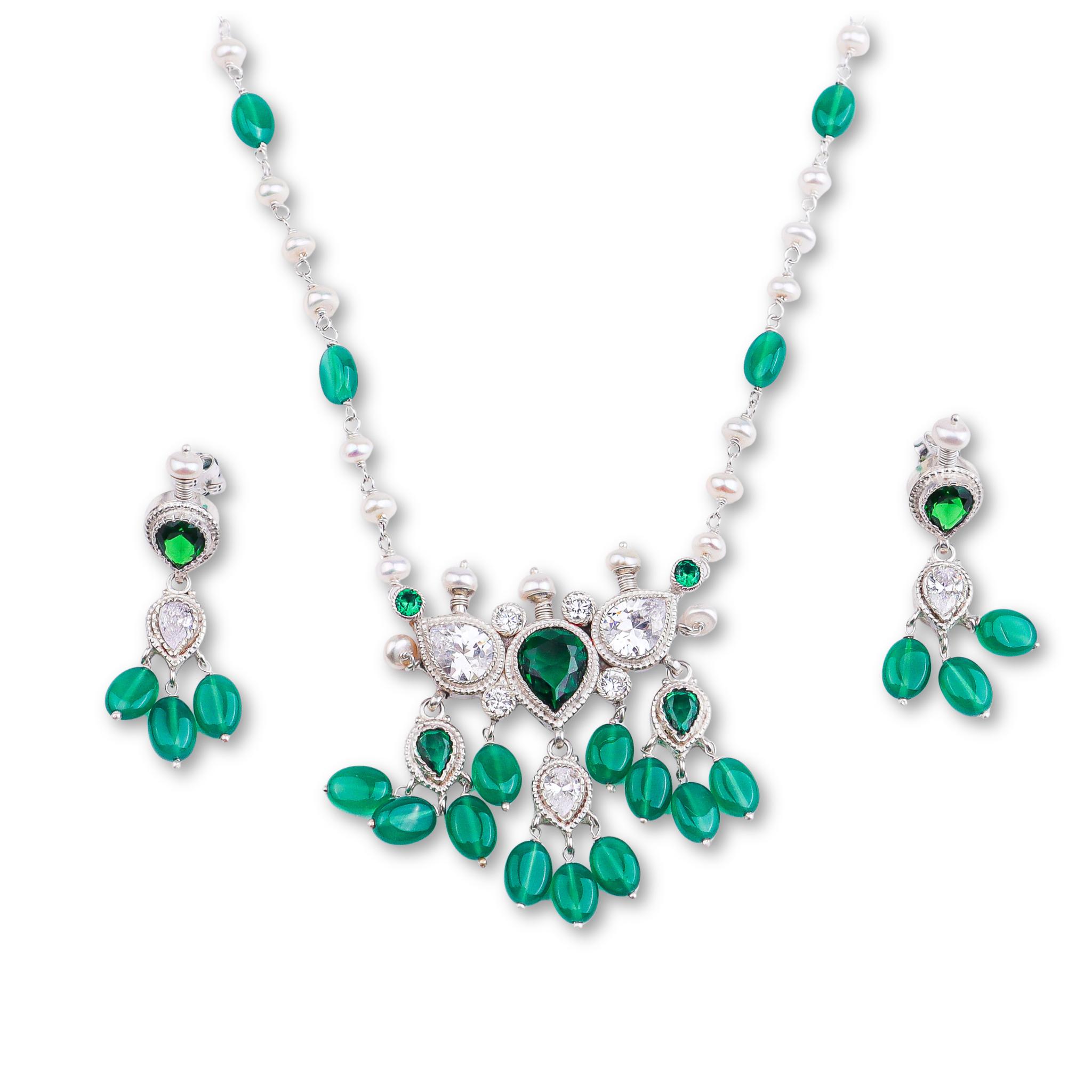 Silver CZ Tanmani Set with Pearls & Green Onyx