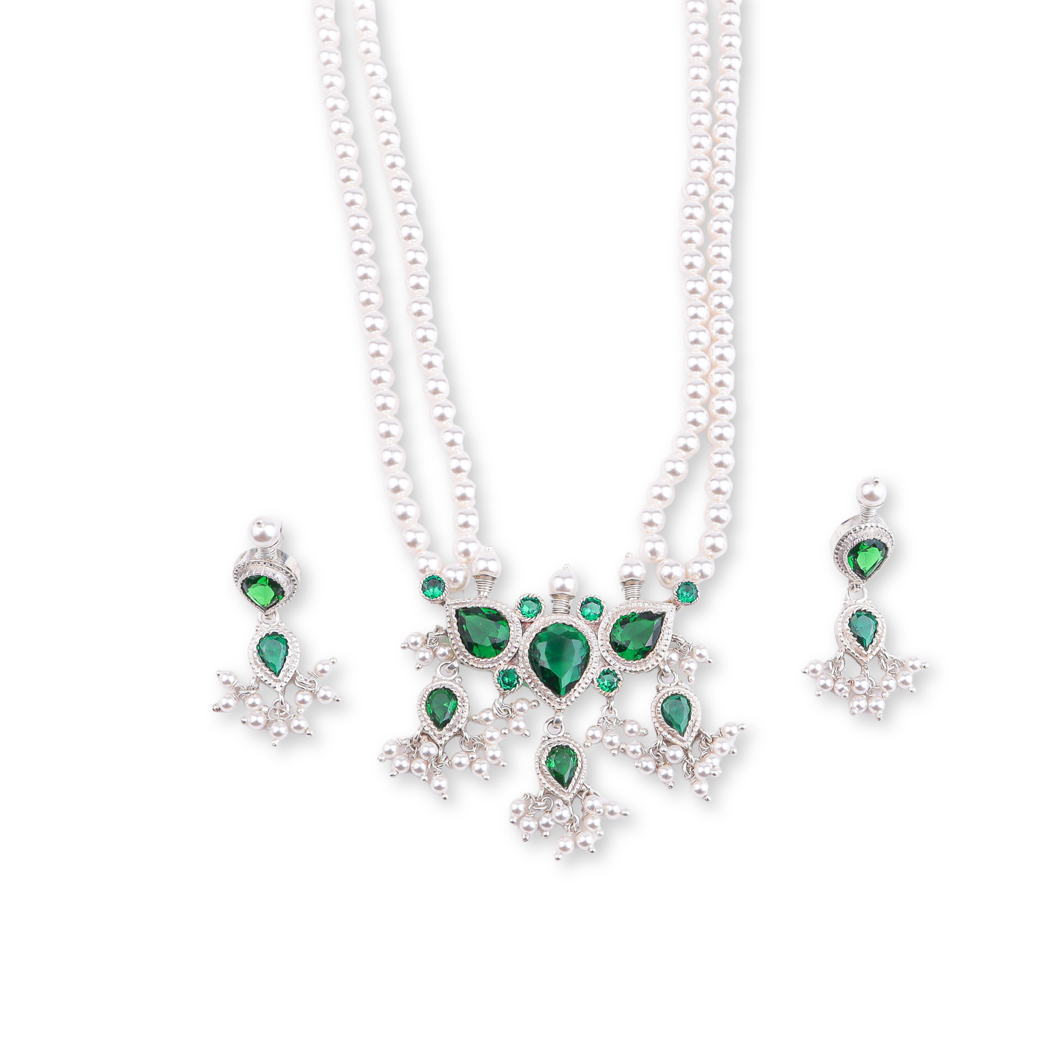 Silver Green CZ Tanmani Set with Pearls