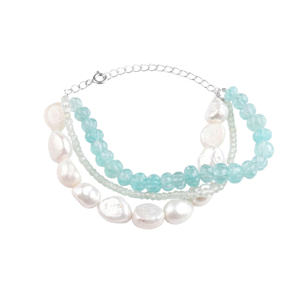 Freshwater Pearl, Carved Pumpkin Aqua Fluorite & Peridot Silver Bracelet (Project Handmade)