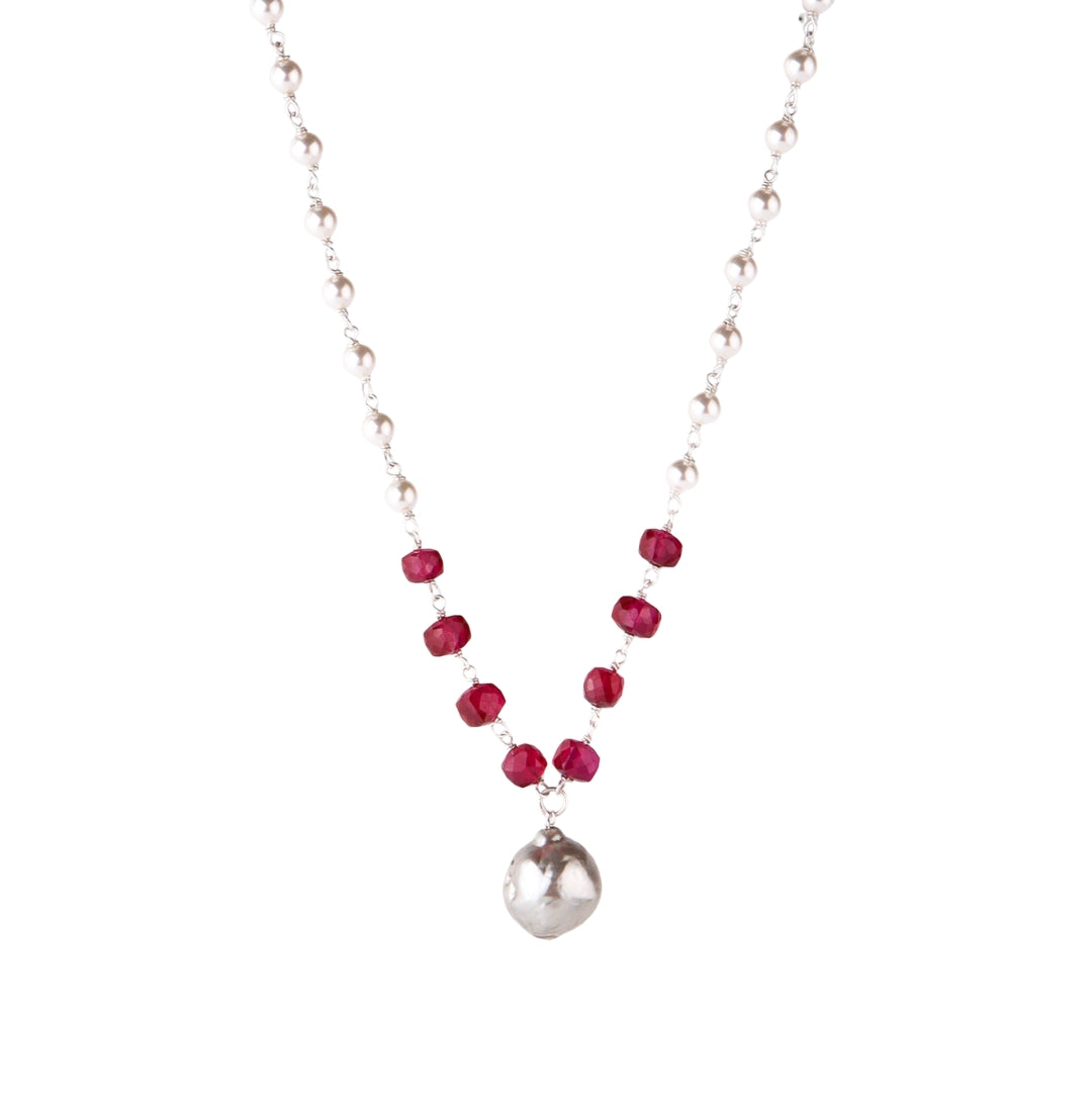 Silver baroque pearl necklace with ruby in 92.5 sterling silver