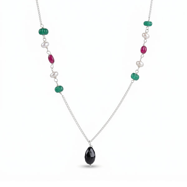 Green Onyx, Pearl, Black Spinel & Rubies Silver Chain Mangalsutra (Project Handmade)
