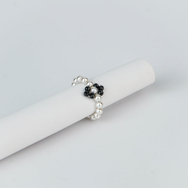 Silver Pearl Ring with Black Spinel