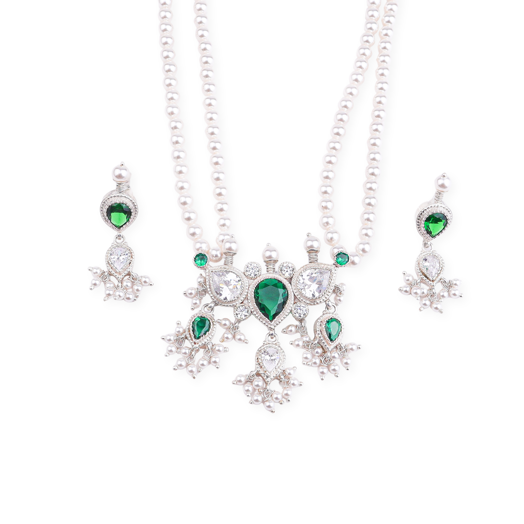 Silver Green & White CZ Tanmani Set with Pearls
