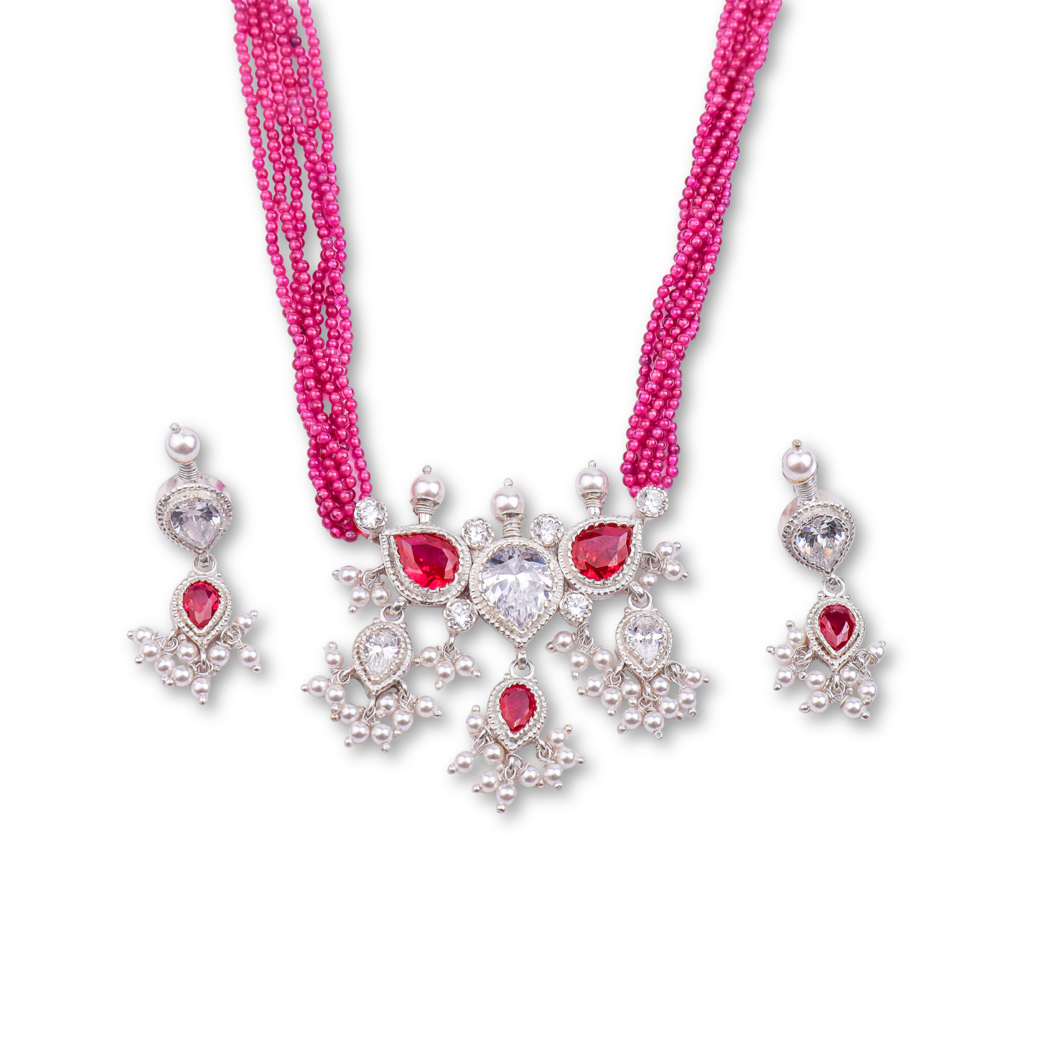 Silver CZ Tanmani Set with Rubies