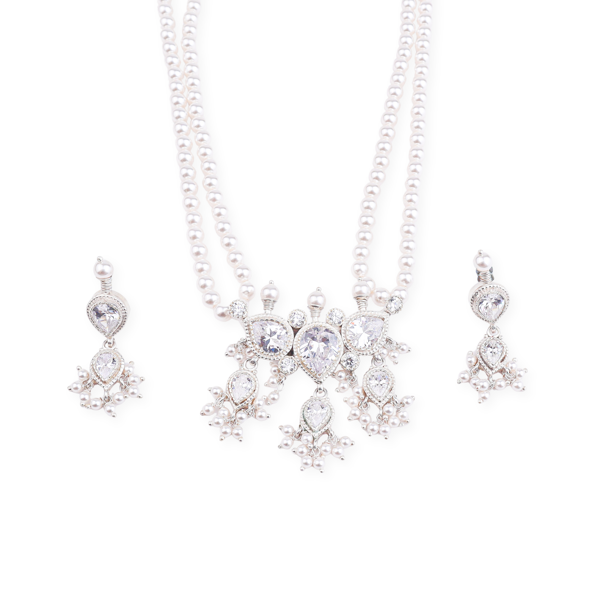 Silver White CZ Tanmani Set with Pearls