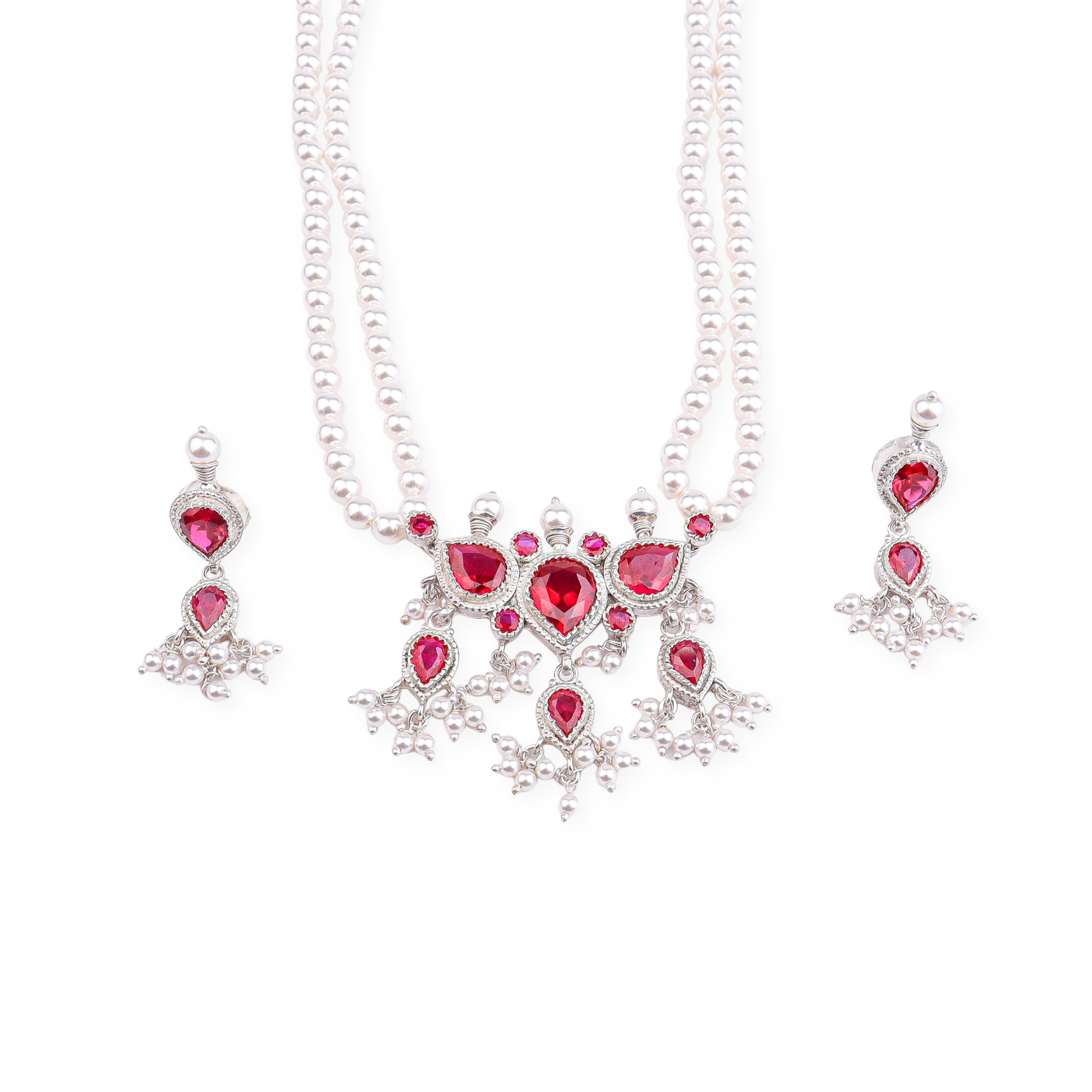 Silver Pink CZ Tanmani Set with Pearls